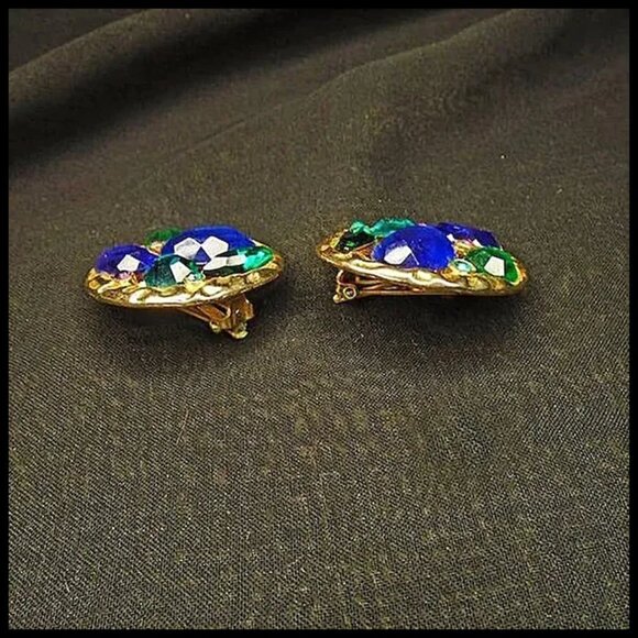 80s Vintage BIG Clip Earrings Blue & Green Rhinestone Clipons - Nostalgiacore - Picture 5 of 14